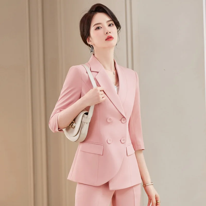 

IZICFLY Summer New Style Professional Uniform Business Suits Slim Office Blazer Pant Sets For Women Work Wear Pink