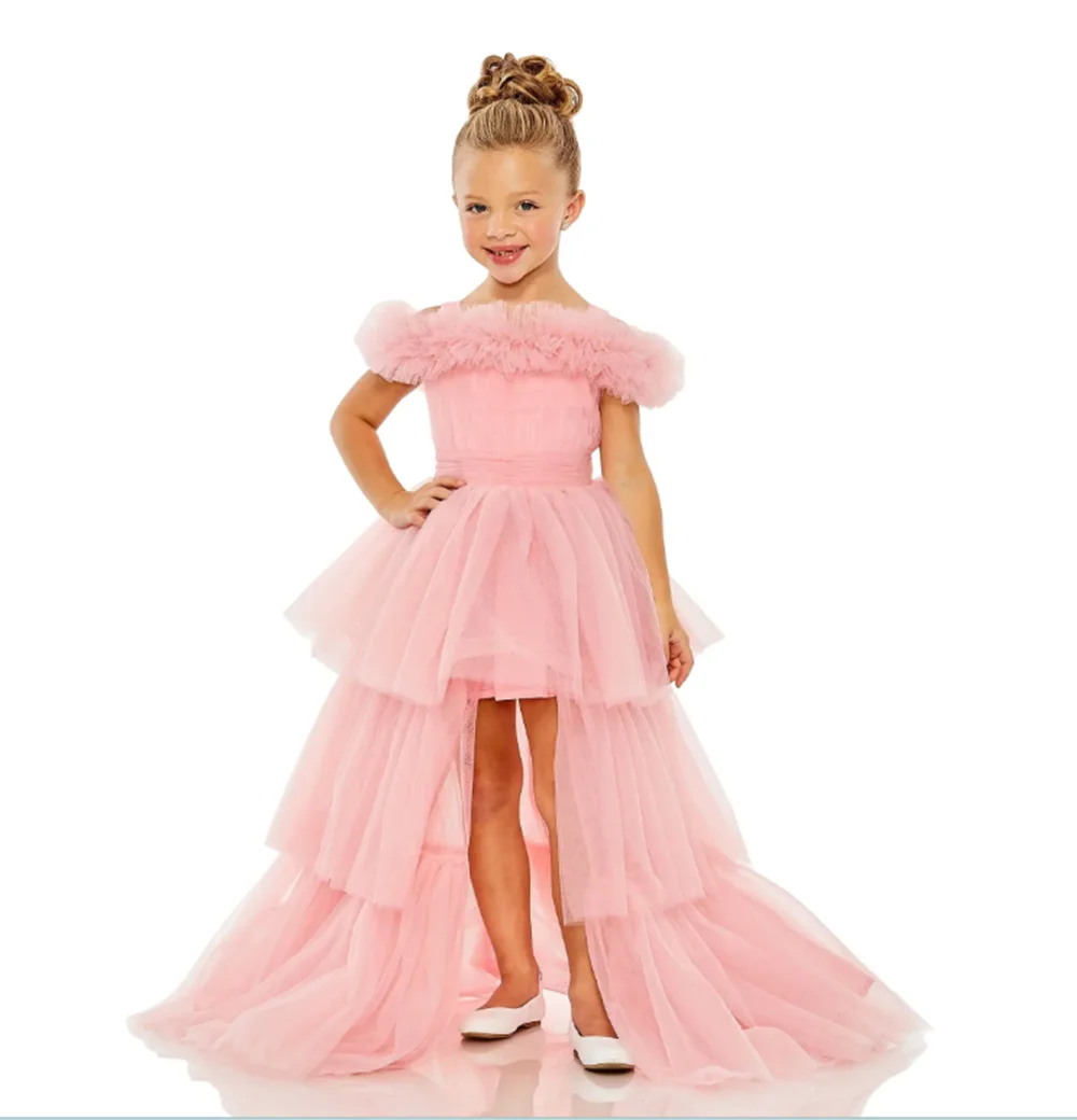 Pink Girl Princess Dress Lace Puffy Flower Girl Dresses Sleeve Cute Girl Birthday Dress Wedding Party Dress Baby Dress