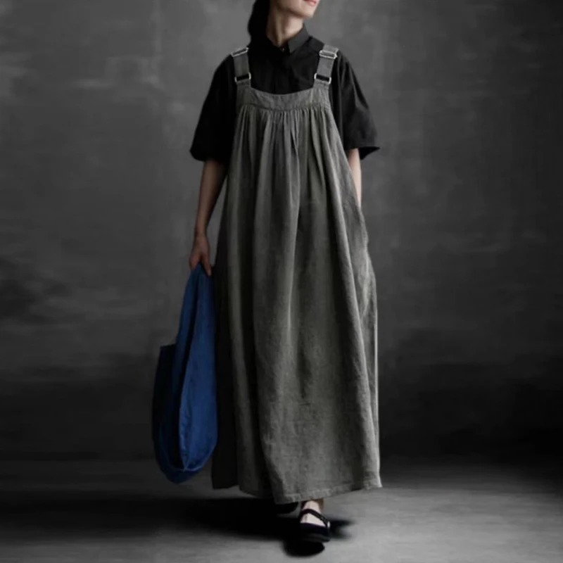 Johnature Japanese Linen Slip Dress For Women 2024 Summer New Linen Loose Versatile Vest Pockets Casual Women Dresses