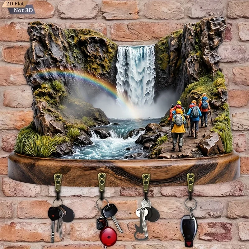 2D Flat.1pc. Waterfall Rainbow Hiking Key Hook - Wooden Multifunctional Decorative Key Holder with Four Metal Hooks, Wall