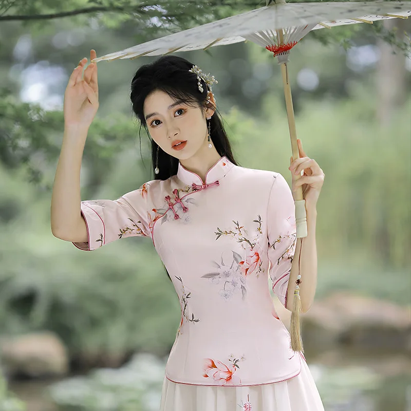 Floral Print Blouse Lady Chinese Traditional Qipao Tops Chinese Style Vintage Oversize Tang Suit Spring Summer New Hanfu Shirt