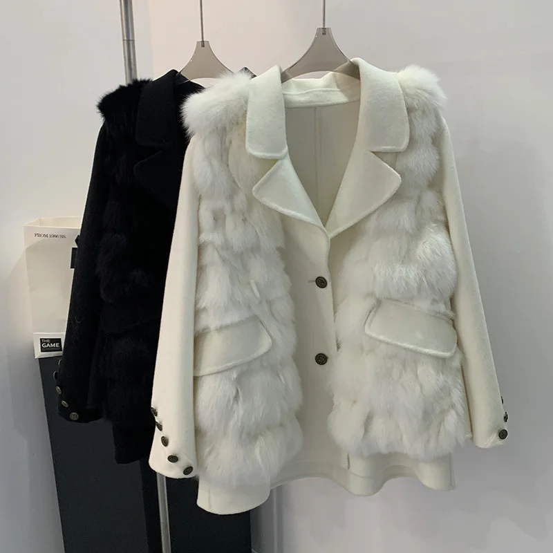2024 New Real fur,New  Top Quality 100% Real Fox Fur Gilet And Wool Coat Two Pieces Set For Women Winter Thick Warm Woolen natur