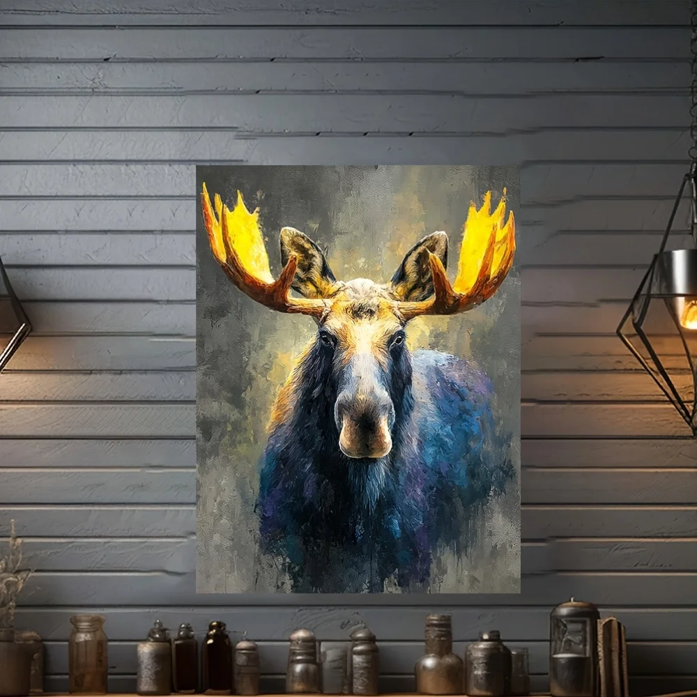 (No frame)2D Flat, 2D Flat, 2D Flat 1pc, Framed, 12X16 Inch Moose Art Canvas Print Featuring Antlers - Rustic Moose Artwork f