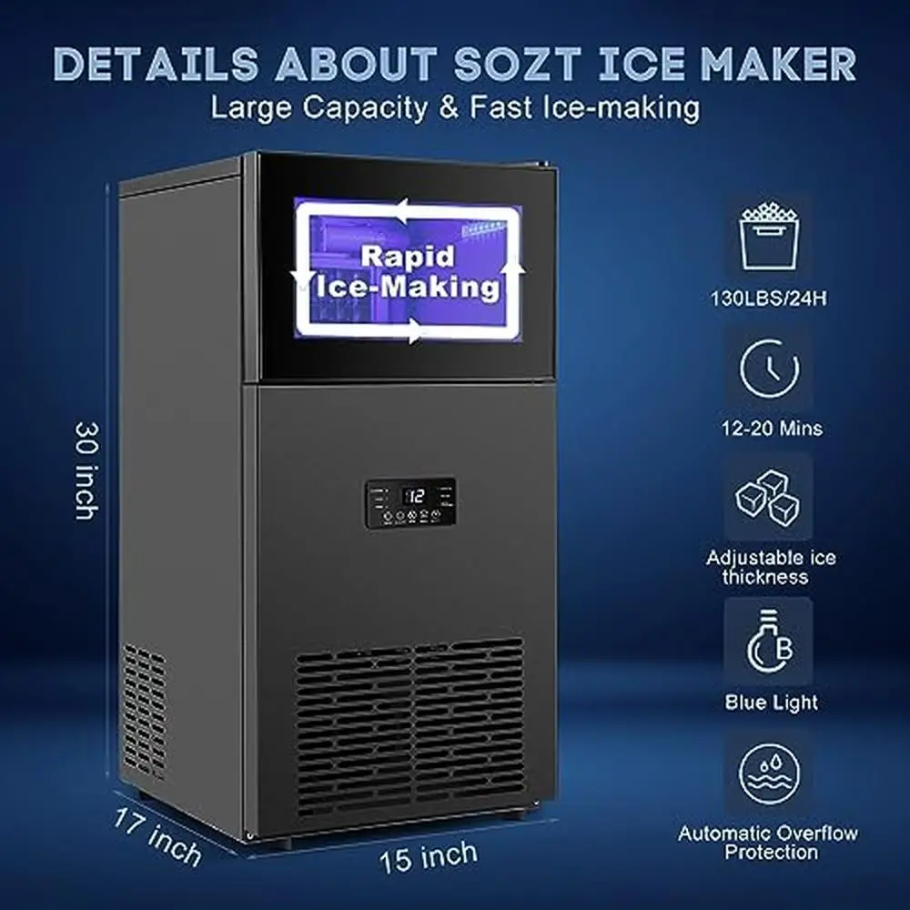 Commercial Ice Maker 130LBS Fast Ice-Making 35LBS Storage Bin 15