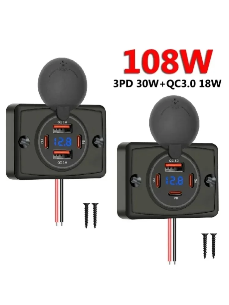 108W Auto-Ladegerät 12V/24V Wasserdicht Dual PD Dual QC3.0 Typ-C Schnellladung mit Voltmeter für Autos, Boote, Busse, Wohnmobile