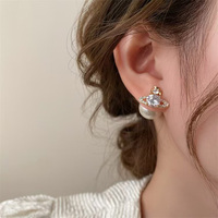 Fashionable and luxurious Saturn imitation pearl earrings exquisite round earrings suitable for womens daily jewelry accessories