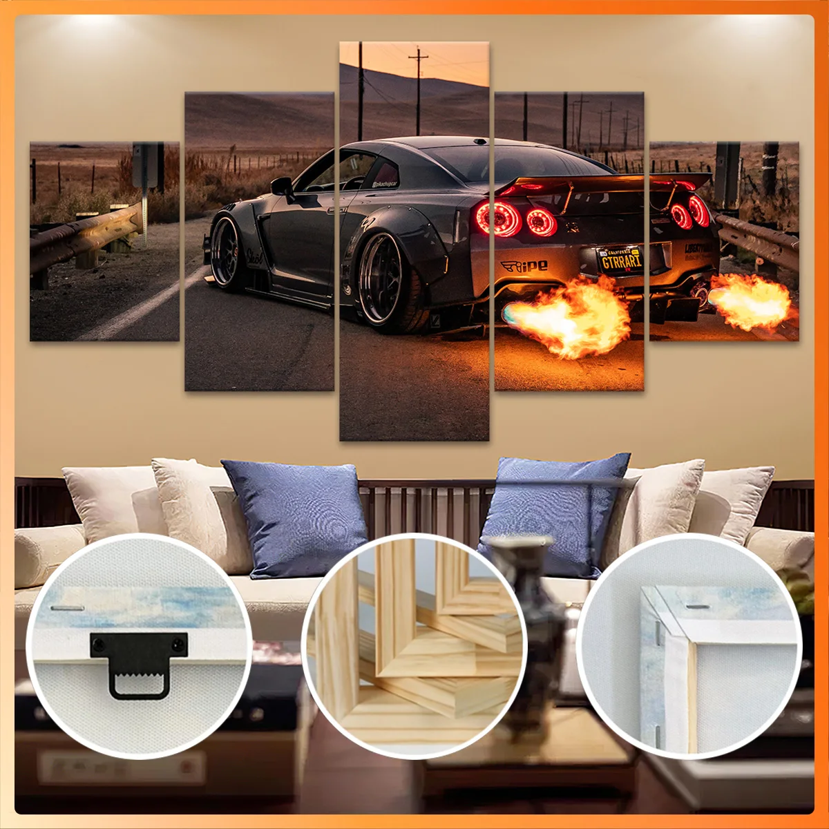 

5pcs Wooden Framed Canvas, Flaming Exhaust Gray Supercar, Fashion Poster, Art for Home Decoration, Pattern Wall Art