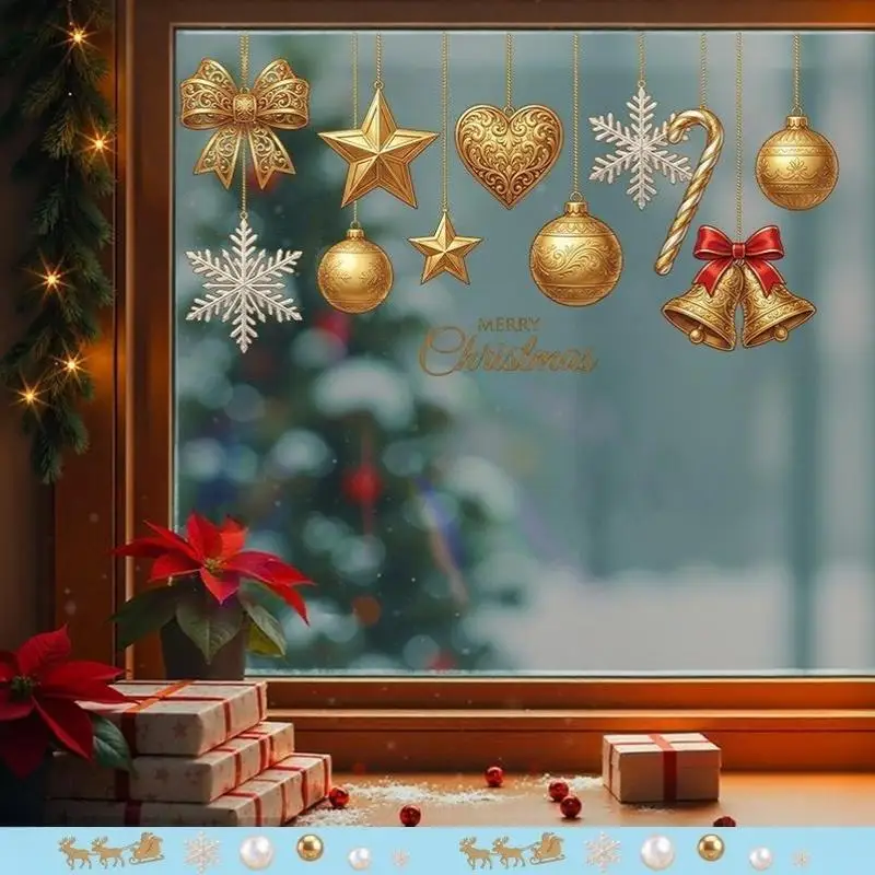 Christmas Ornament Window Cling Static Window Sticker Bells Snowflake Gold Glass Decal Removable Holiday Home Decoration