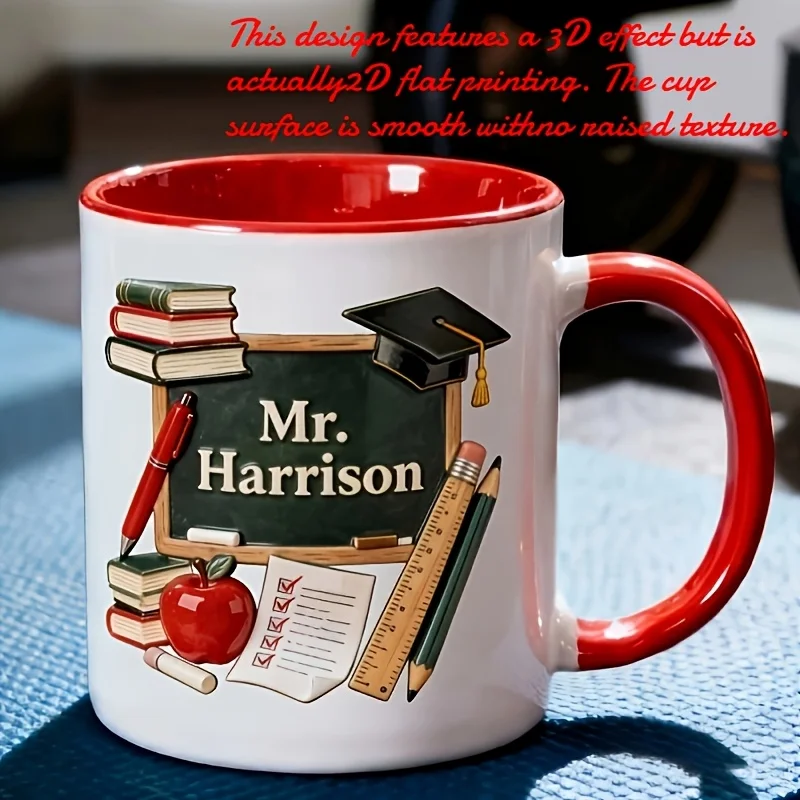 Custom Name 11oz Teacher Coffee Mug 2D Printing Ceramic Cup Books Apple Graduation Cap Design Microwave Safe Reusable Gift for T