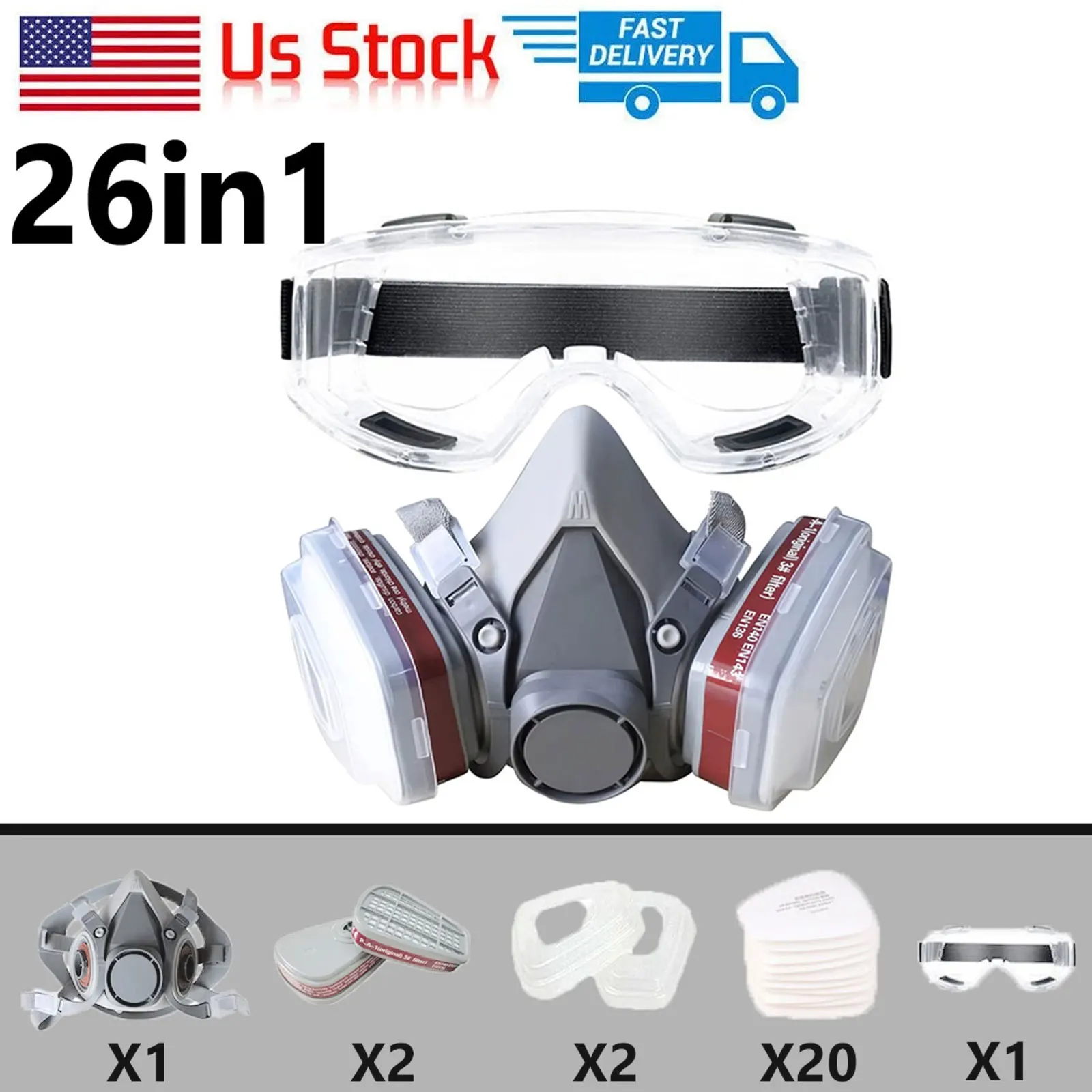 Mascarilla de Media Cara 26 en 1 6200, Respirador contra Polvo y Gases, para Pintura Industrial, Vapor Químico y Orgánico, con Filtros, Equipo de Protección