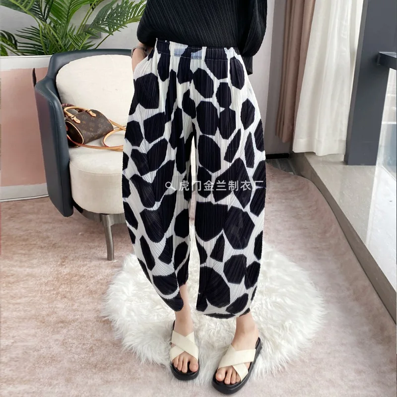 GGHK Pleated Printed Casual Versatile Women Pant 2024 Summer New Elastic Waist Design Thin Harem Pants Korean Fashion Streetwear