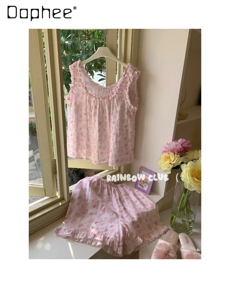Cartoon Printed Nightdress Double-layer Gauze Sleeveless Ruffled Edge Short-sleeved Loose Shorts Two-piece Women's Loungewear