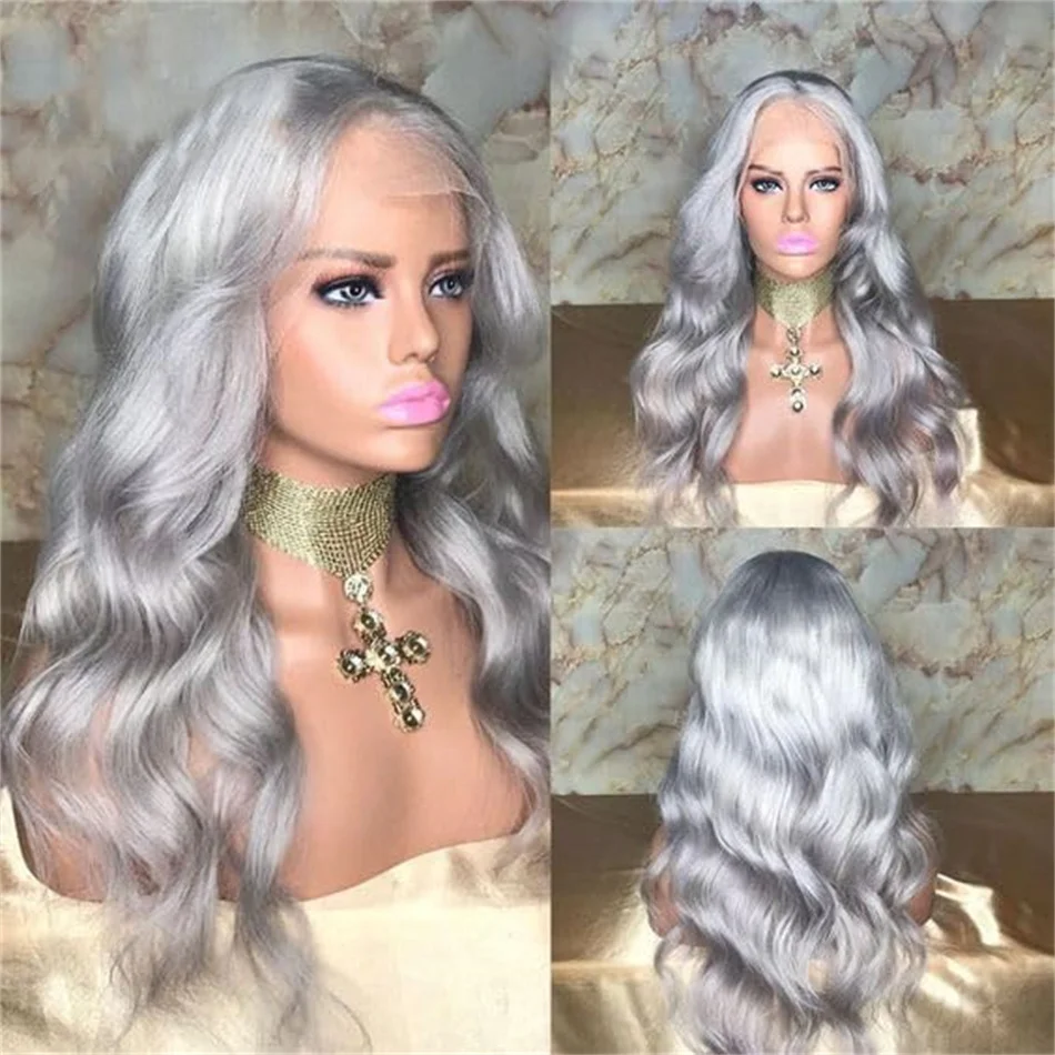 Perruque Lace Front Wig Body Wave sans colle, cheveux humains, gris argent, 13x4 HD, transparente, pre-plucked