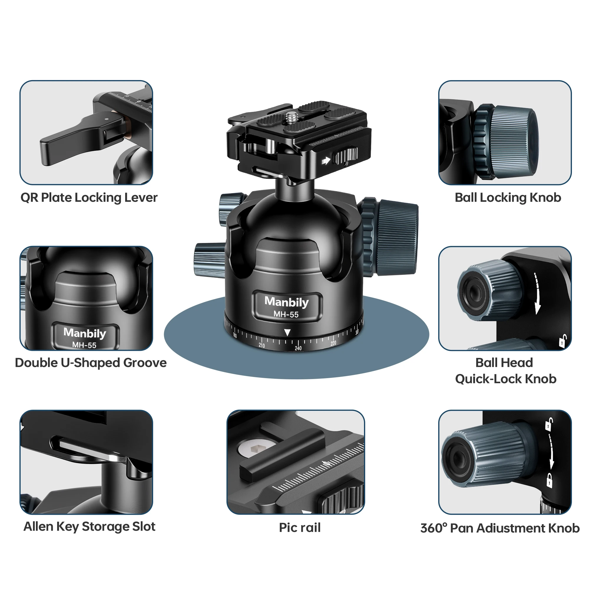 Manbily U-Groove Design Tripod Head 55mm Low Profile Ball head With Lever Lock Quick Release Plate Clamp For Camera Monopod DSLR