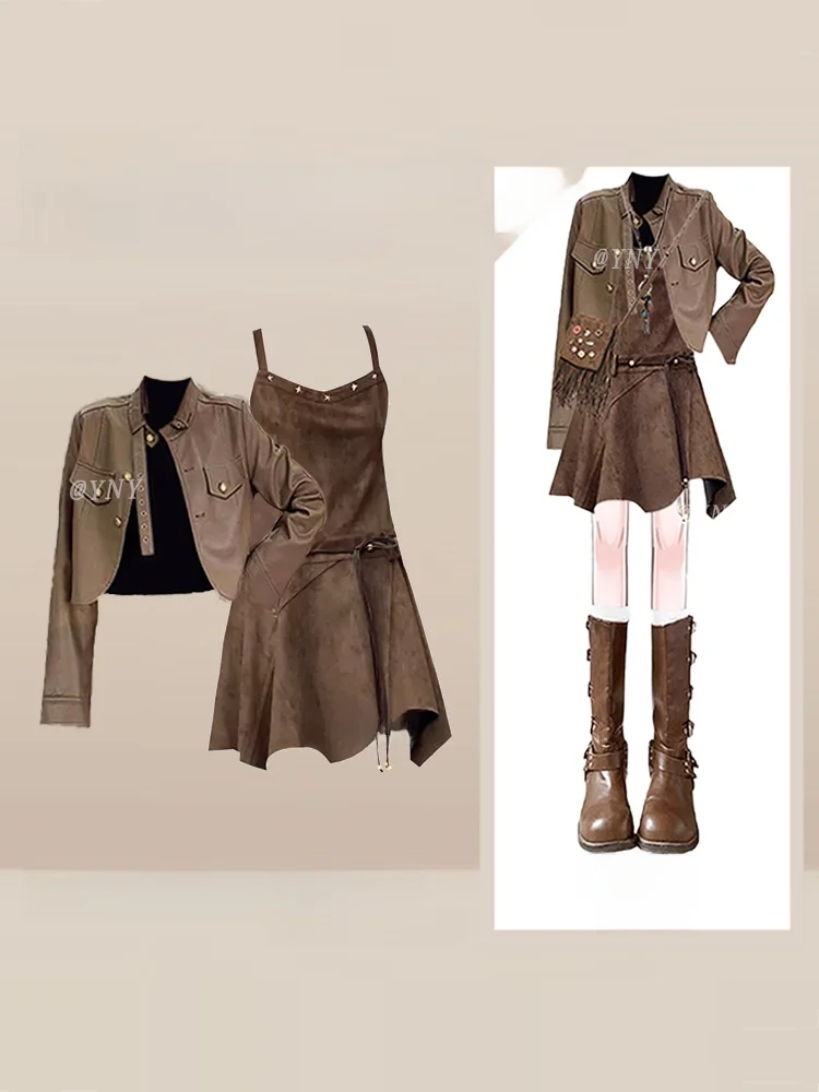 

Desert Sle Western Cowboy Leather Jaet Dr Tee Piece Set Women's Faion Autumn Collection ort Sve Stand Collar