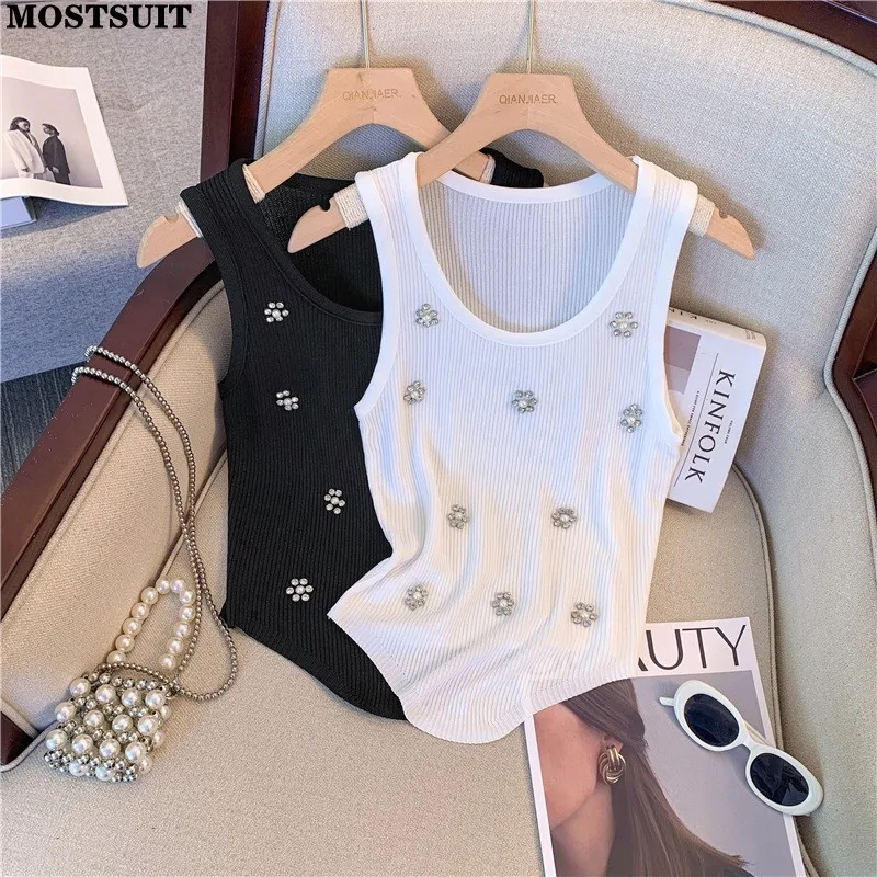 Pearl Diamonds Beaded Sweater Vest Crop Tops Women Korean Sexy Elegant Stylish Knitwear 2024 Summer Sleeveless O-neck Jumpers