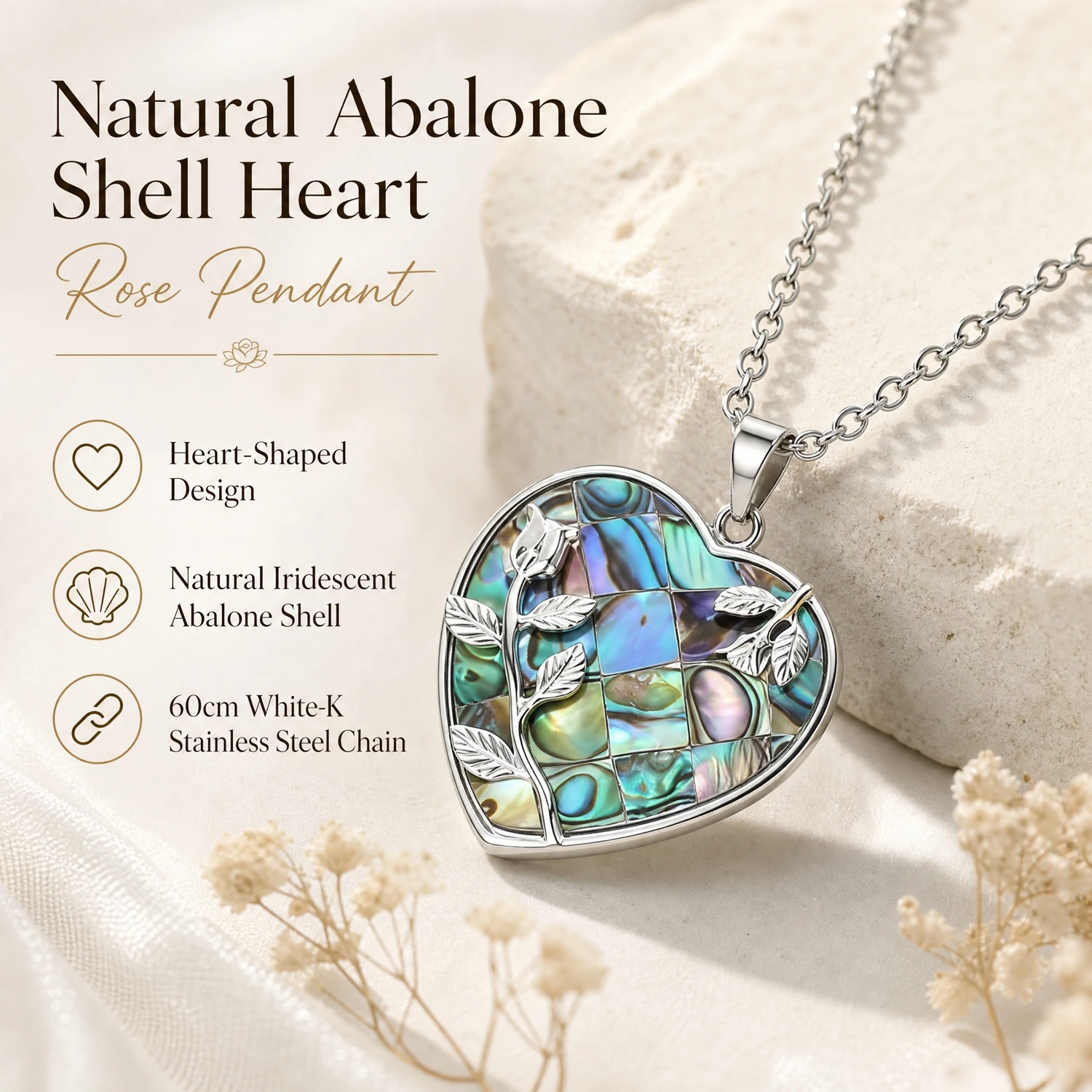 Fashion Natural Iridescent Abalone Shell Heart-shaped Rose Necklace Ocean-Style Collarbone Chain Holiday Jewelry Pendant