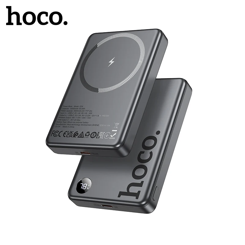 HOCO 10000 мАч PD20W Магнитная беспроводная зарядка Power Bank для iPhone 16/15 Pro Max USB C PD Аварийная батарея со светодиодным дисплеем