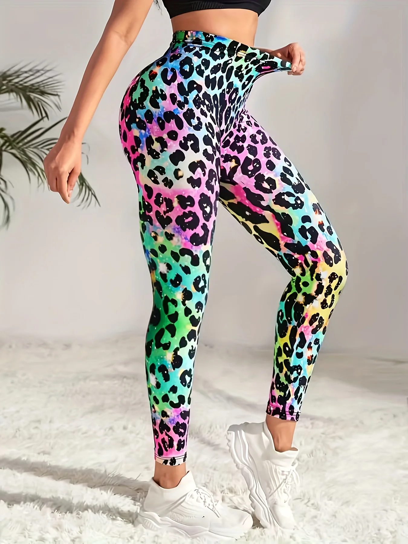 Women's Mid‑Rise Fleece Lined Leggings Rainbow Colorful Leopard Print Stretch Slim Warm Ladies Casual Sports Pants