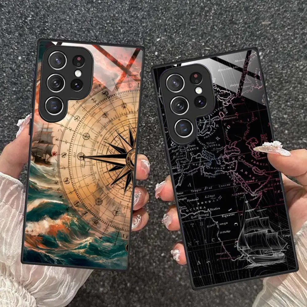 Compass Map Voyage Phone Case for Samsung Galaxy A56 55 54 53 52 51 36 35 34 23 16 15 5G Glass Protective Cover