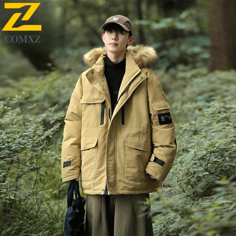 

COMXZ Мужская флисовая пуховая хлопковая куртка с капюшоном, зимняя утолщенная водонепроницаемая ветрозащитная термопальто, уличная рабочая одежда с флисовой подкладкой