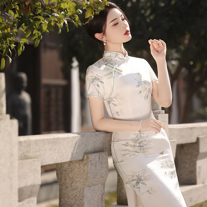 Baru musim semi dan musim panas Catwalk foto lapisan ganda gaya Cina Retro temperamen Cheongsam panjang