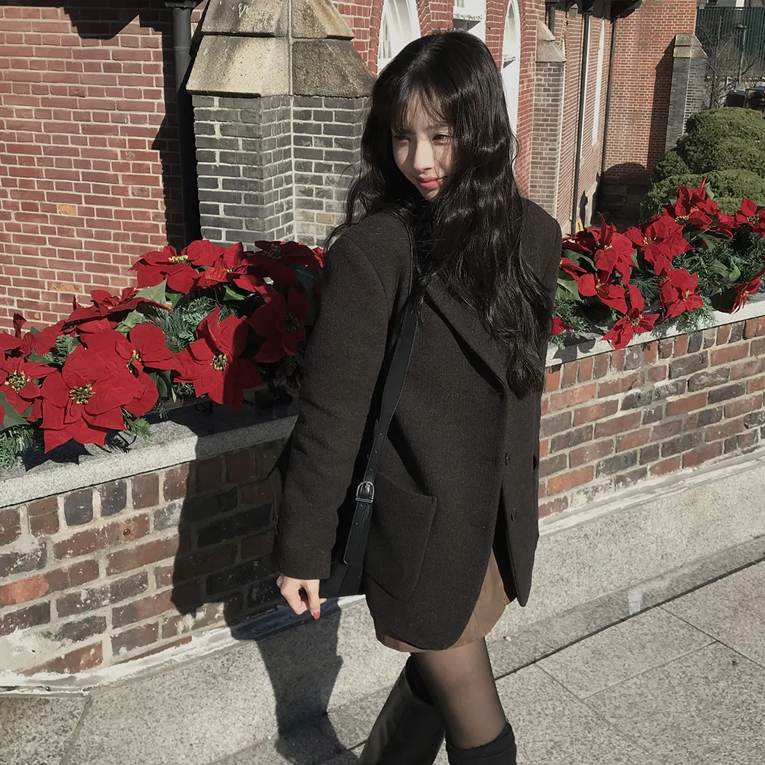 

Повседневное шерстяное пальто в корейском стиле, весна 2026, свободный крой, с отложным воротником, для молодых женщин