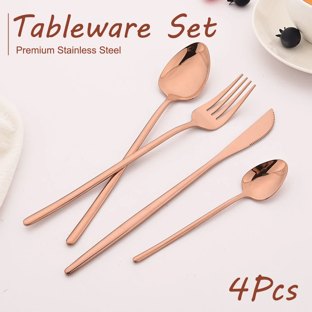 4Pcs Wesetern Dinnerware Set Stainless Steel Cutlery Set Rose Western Tableware Fork Knife Spoon Flatware Set Silverware Set