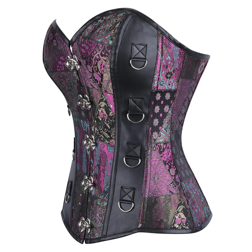 Gothic Women Purple Vintage Overbust Corset Tops Lace-up With Buckle Bustiers Steampunk Slimming Shaper Strapless Boned Bodice