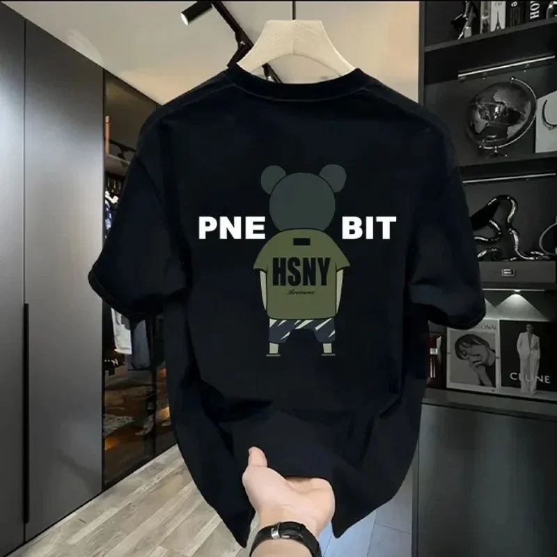 

2025 New Hot Summer Bear Letter Print High Quality Pure Cotton Men's T-shirt West Daily Street High End Comfortable Short Sleeve