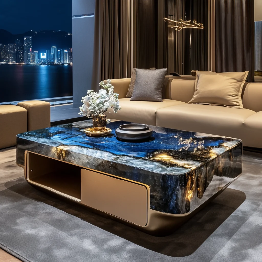 

High-quality luminous leather blue jadeite jade coffee table living room square modern design luxury stone