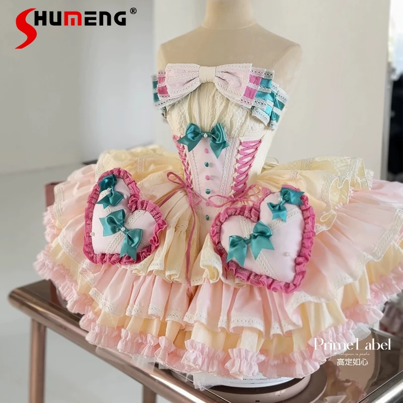 

Ballet Style Pink Lolita Dress Women's Slim Fit Bow Sweet Kawaii Strapless Dress Princess Party Dresses Vestidos Summer 2025