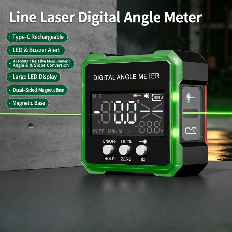 Strong Magnetic Inclinometer Rechargeable Dual‑Axis Laser Level Electronic Angle Meter for Slope and Horizontal Measuring Job