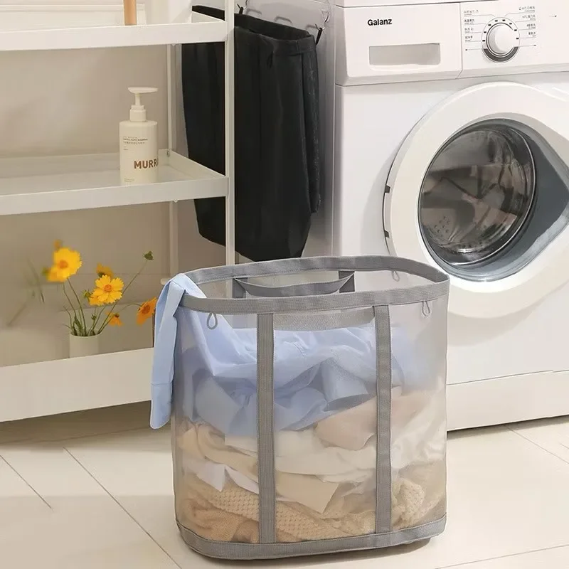 Household Mesh Solid Color Dirty Clothes Basket Foldable Semi Transparent Breathable Laundry Storage Bag Toys Sundries Pouch