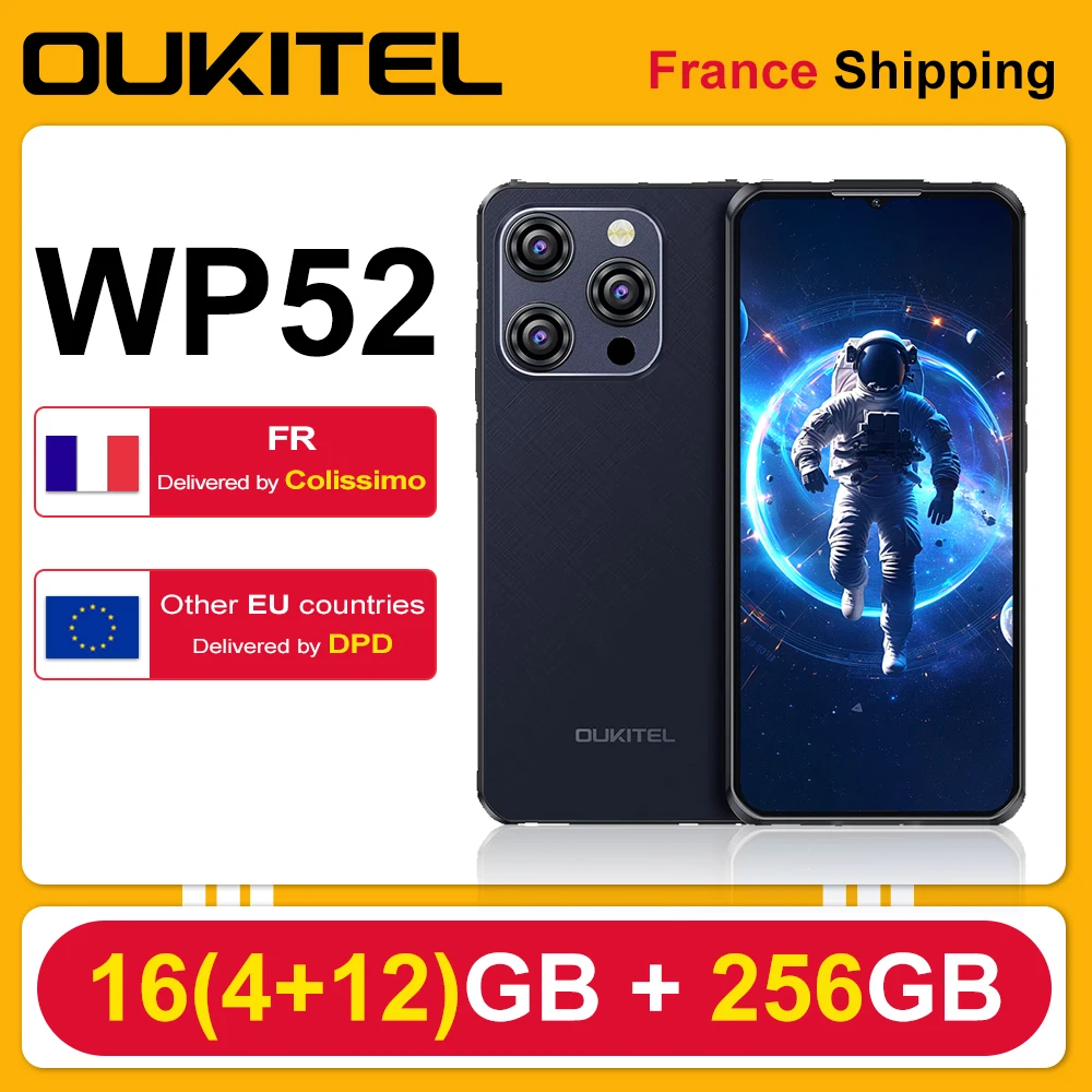 OUKITEL WP52 5G tlphone robuste Ultra-mince 16GB(4 +12) 256GB Android 14 6500mAh 18W 48MP camra 6.6 ''HD + affichage NFC Smartphone