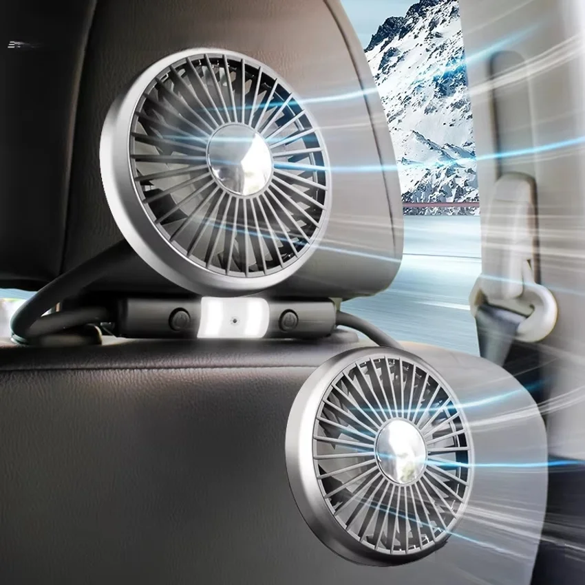 SEAMETAL Car USB Fan Dual Head Cooling Air Fan Independent Switch 3-Speed 360 Degree Adjustable Auto Headrest Fan for Rear Seat