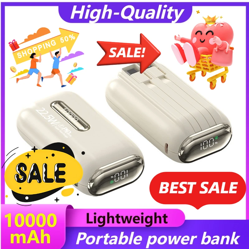 

Mini Compact and Portable 10000mAh Power Bank with Built-in Cable for Fast Charging Powerbank