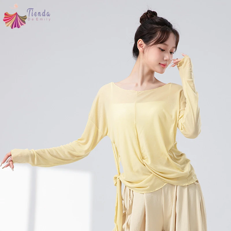 

Modern Dance Top Women Long Sleeve Loose Smock Shirt Crew Neck Irregular Hemlines Tied Waist Soft Yoga Classical Practice Outfit