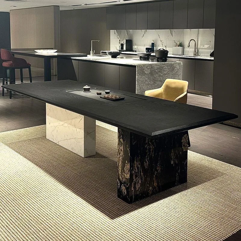 

Modern Italian Chinese minimalist solid wood table and chair tea table combination office designer rock slab tea tea table