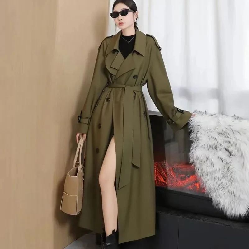 

Корейская куртка 2021, осень, регулируемая талия, карманы, длинный плащ макси с поясом, шикарная женская ветровка