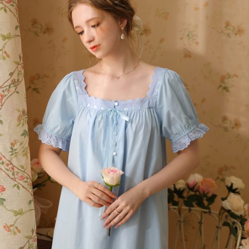 Pure Cotton Vintage Night Dress Women Short Sleeve Loose Long Robe Sexy Sleepwear Princess Nightwear Dressing Gown Nightgowns