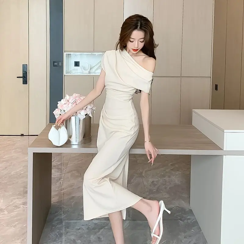 

Korea Elegant Off Shoulder Evening Party Dresses Women Summer Fashion Slim One Piece Solid Vestidos Korean Graduation