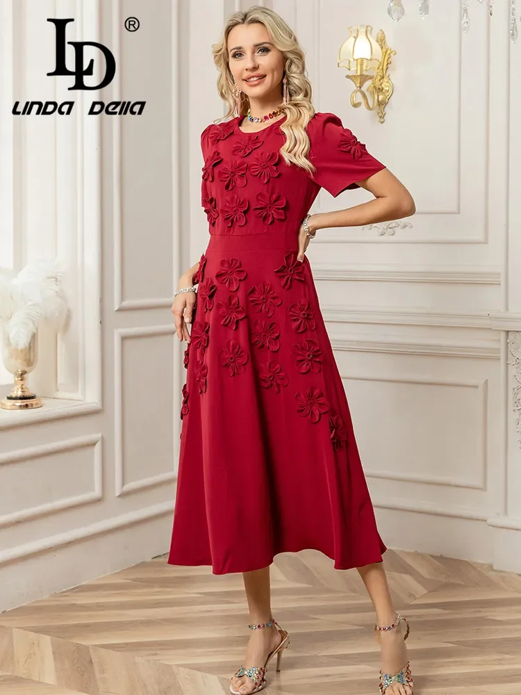 

LD LINDA DELLA 2025 Spring/Summer New Women's Round Neck Handmade Decal 3D, Elegant Short Sleeve Waist Mid length Skirt Dress