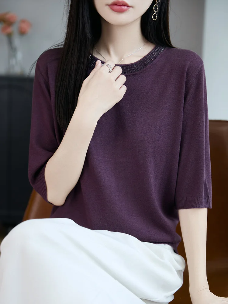 Rundes Ne ort Sve-Strick-T-Shirt für Damen mit Strassverzierung f Sve, lässig, lockere Passform, atmungsaktiv, normale Länge