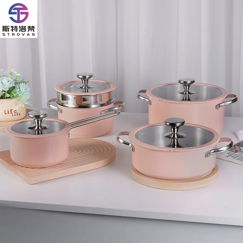 No Coating 304 Stainless Steel Non-stick Cookware Set 9 Pcs Double Ears Soup Pot Steamer Milk Pot Set with Glass Lid