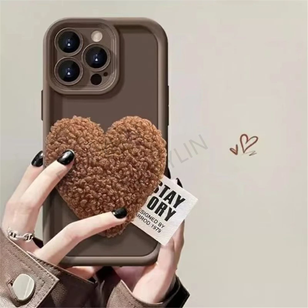 3D Plush Love Heart Phone Case For iPhone 16 15 14 13 12 11 Pro Max X XS Max XR 7 8 Plus SE 2020 Soft Silicone Shockproof Cover