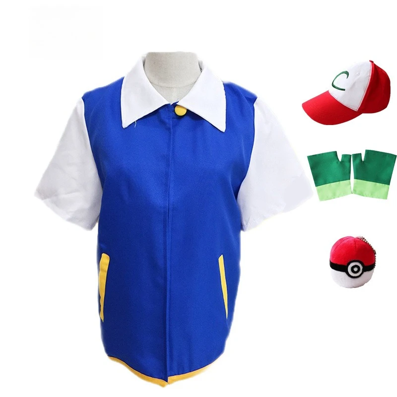 Pokemon Ash Ketchum Cosplay Kostüm Erwachsene Kind Outfits Blaue Jacken Hut Handschuhe Sets Cartoon Party Bühne Leistung Rolle Spielen
