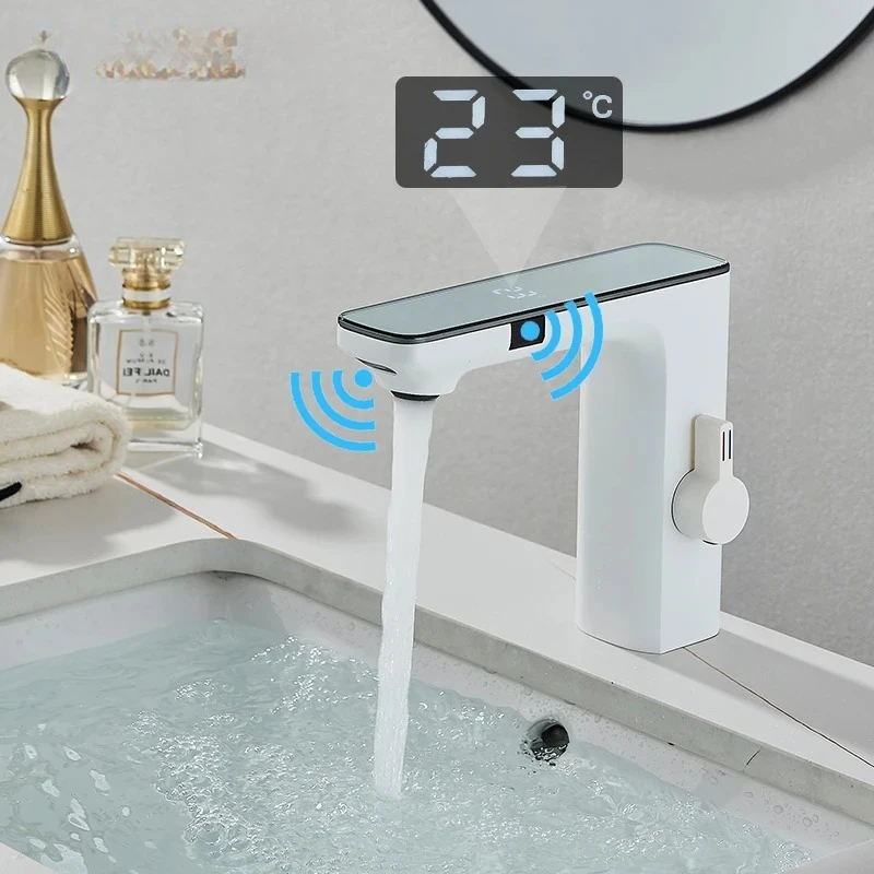 

For Nouveau Robinet Lavabo Bains LCD Blanc, Mitigeur À Double Détection, Robinet Mitigeur Lavabo