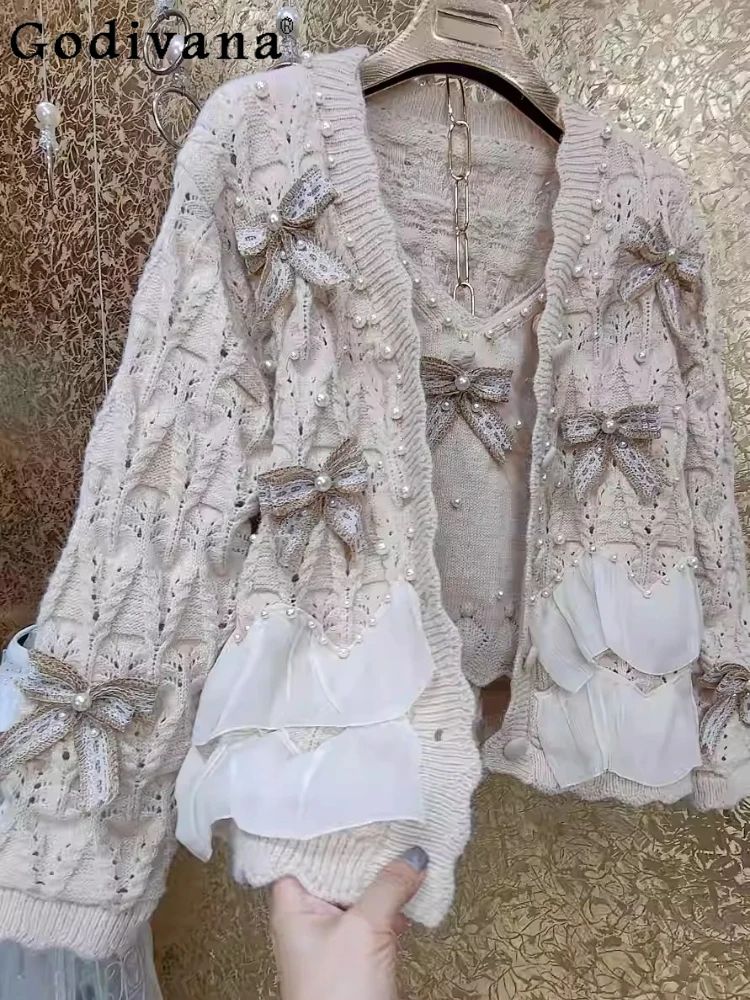 

Корейский милый тяжелый промышленный жемчужный трехмерный вязаный кардиган с оборками и длинными рукавами, модный жилет на подтяжках, комплект из двух предметов