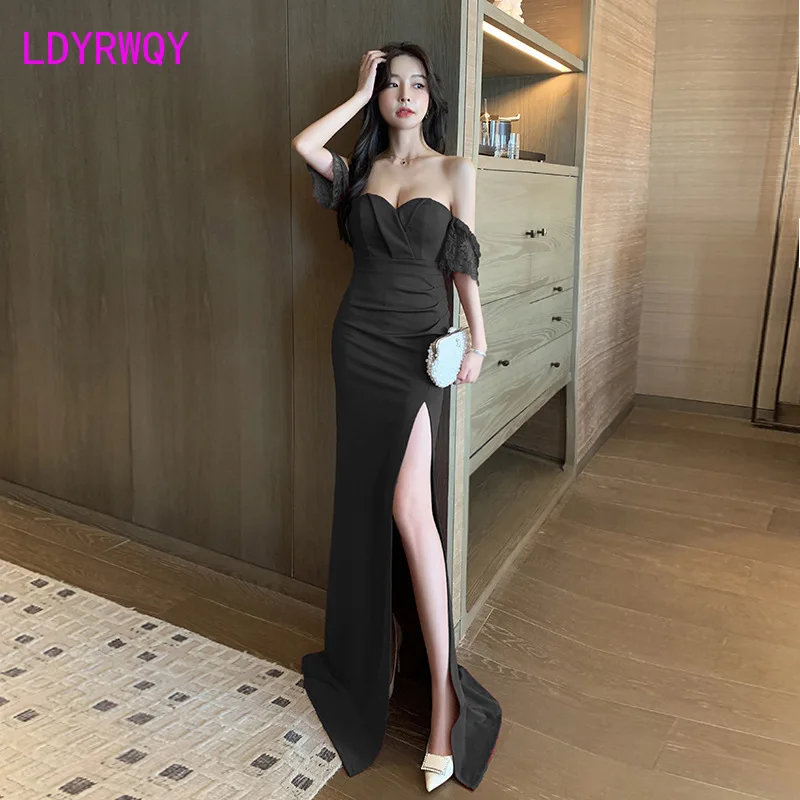 2022 Sexy low-cut, one-line neckline, strapless, long dress temperament, bust and hip Office Lady  Zippers